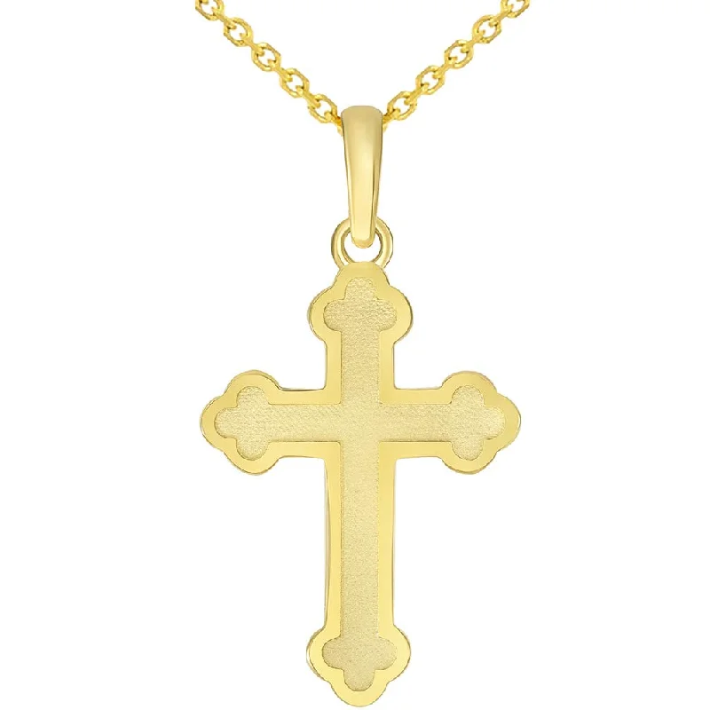 14k Solid Yellow Gold Eastern Orthodox Cross Pendant with Cable Rolo Chain Necklace