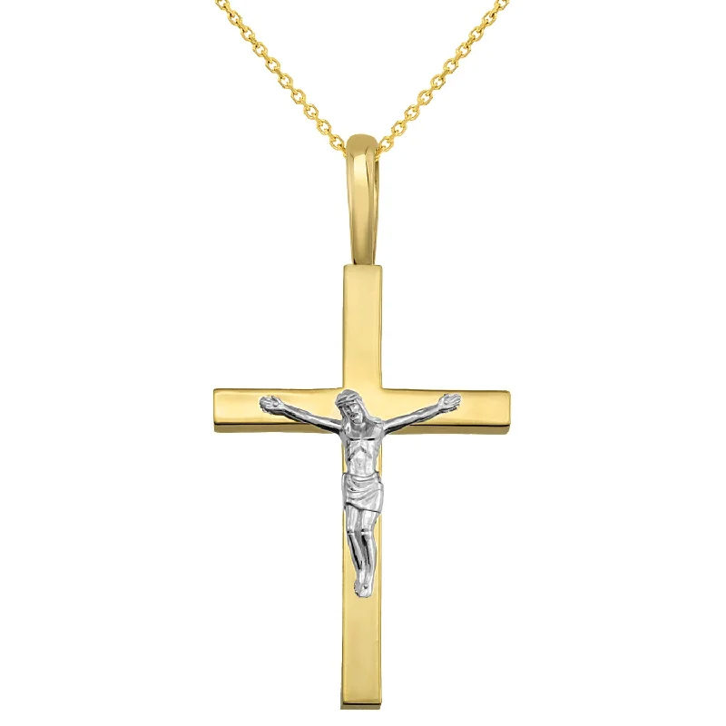 14k Two Tone Gold Traditional Crucifix Pendant Necklace - 1.1 inch Cross