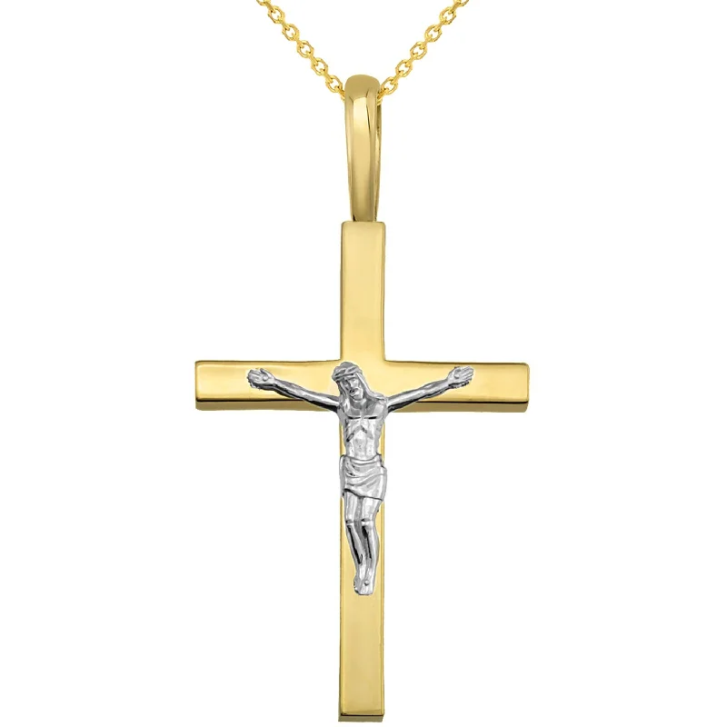 14k Two Tone Gold Traditional Crucifix Pendant Necklace - 1.5 inch Cross