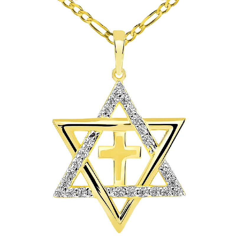 14k Yellow Gold CZ Star of David with Religious Cross Judeo Christian Pendant Figaro Necklace