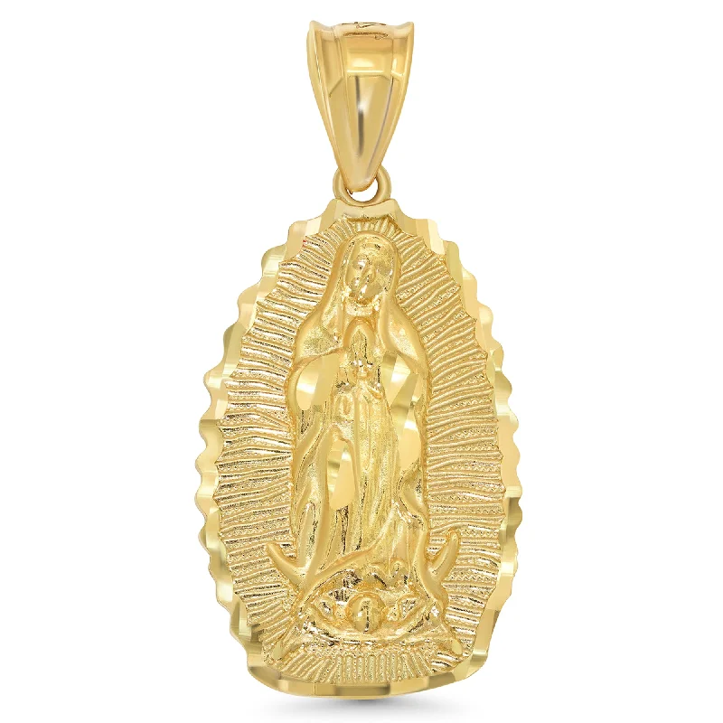 14k Yellow Gold Extra Large Textured Luminous Our Lady of Guadalupe Pendant - 1.9 Inch Height