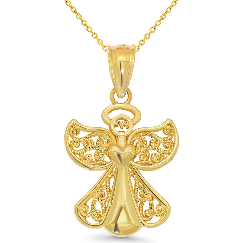 14k Yellow Gold Filigree Angel with Heart Pendant Necklace