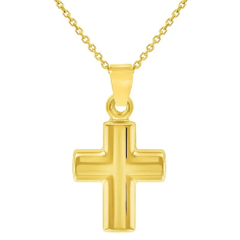 14k Yellow Gold Polished Simple Mini Religious Cross Charm Pendant With Cable, Curb or Figaro Chain Necklace