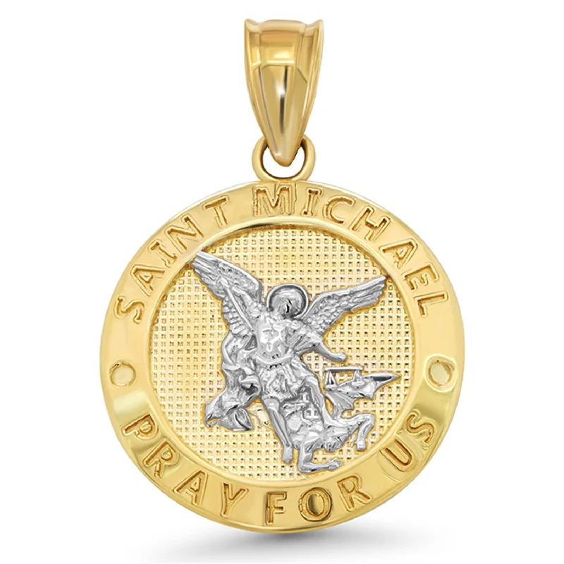 14k Yellow Gold Saint Michael Pray For Us Round Medallion Pendant