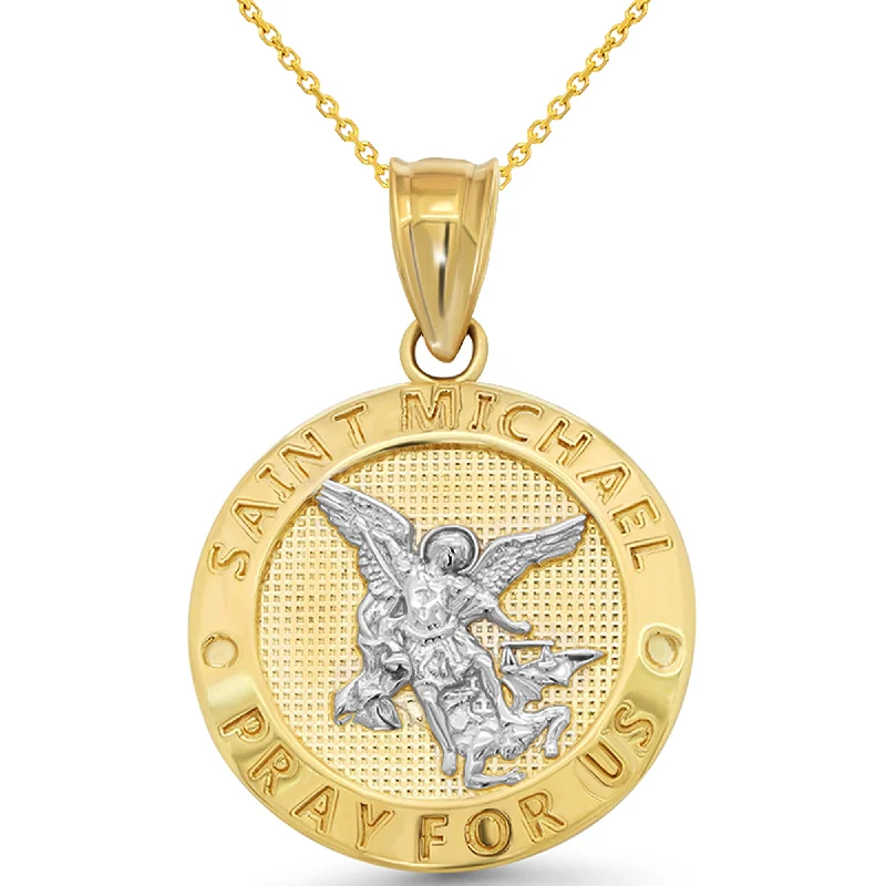 14k Yellow Gold Saint Michael Pray For Us Round Medallion Pendant Necklace