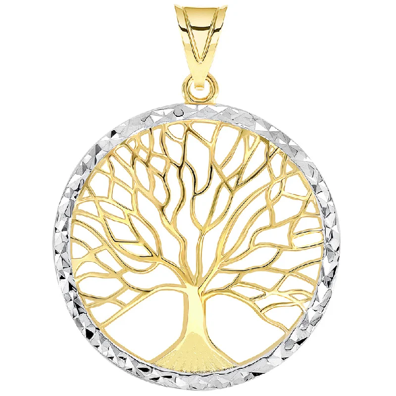 14k Yellow Gold Textured Round Elegant Two Tone Tree of Life Medallion Pendant