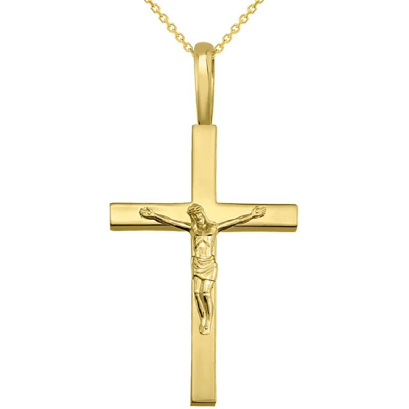 14k Yellow Gold Traditional Crucifix Pendant Necklace - 1.5 inch Cross