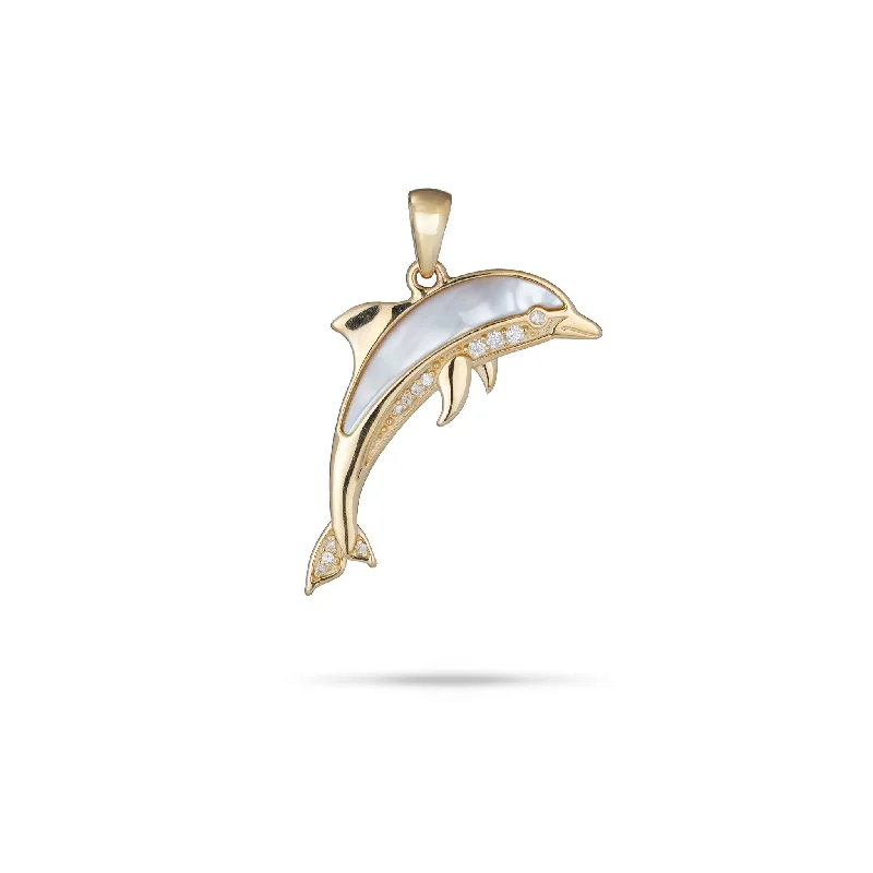 Sealife Dolphin Mother of Pearl Pendant in Gold with Diamonds - 29mm