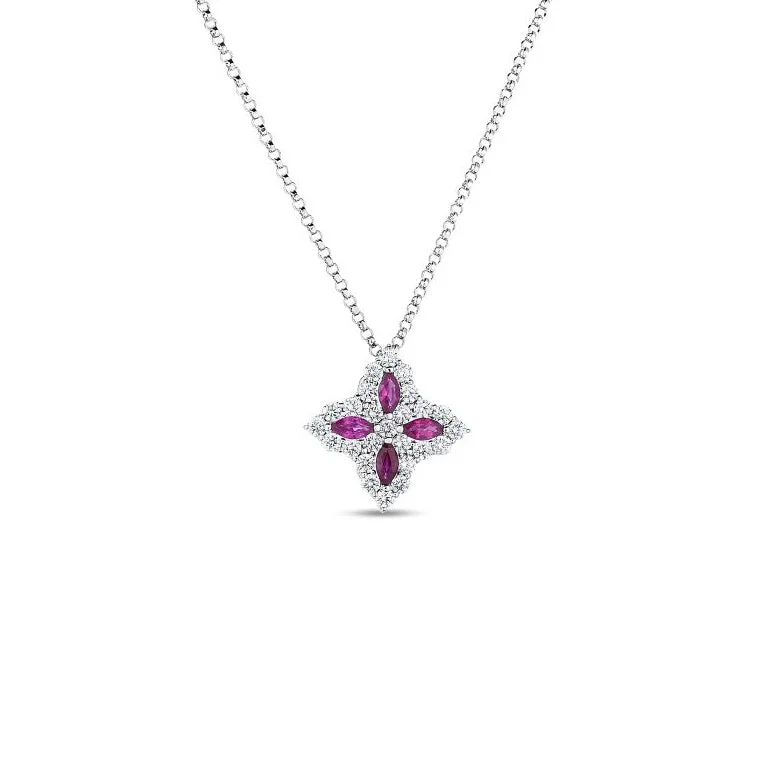 Roberto Coin Princess Flower 18K White Gold Diamond and Ruby Pendant