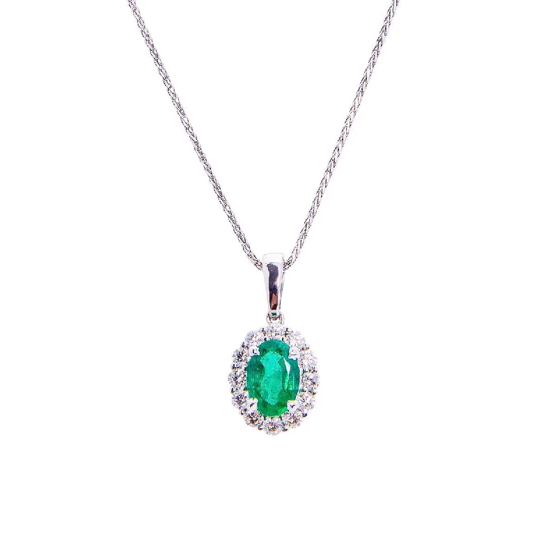 Sabel Collection 14K White Gold Oval Emerald and Diamond Halo Pendant