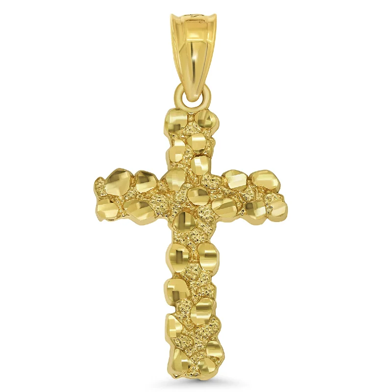 Solid 14k Yellow Gold Nugget Textured Cross Pendant