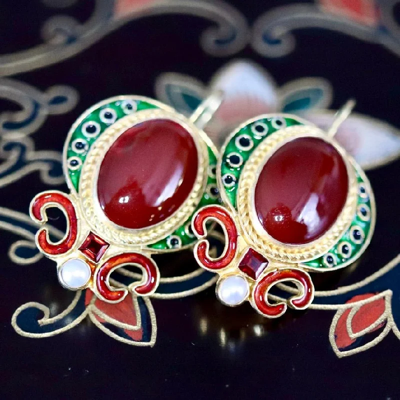 Medici 14k Gold, Carnelian, Garnet and Pearl Earrings