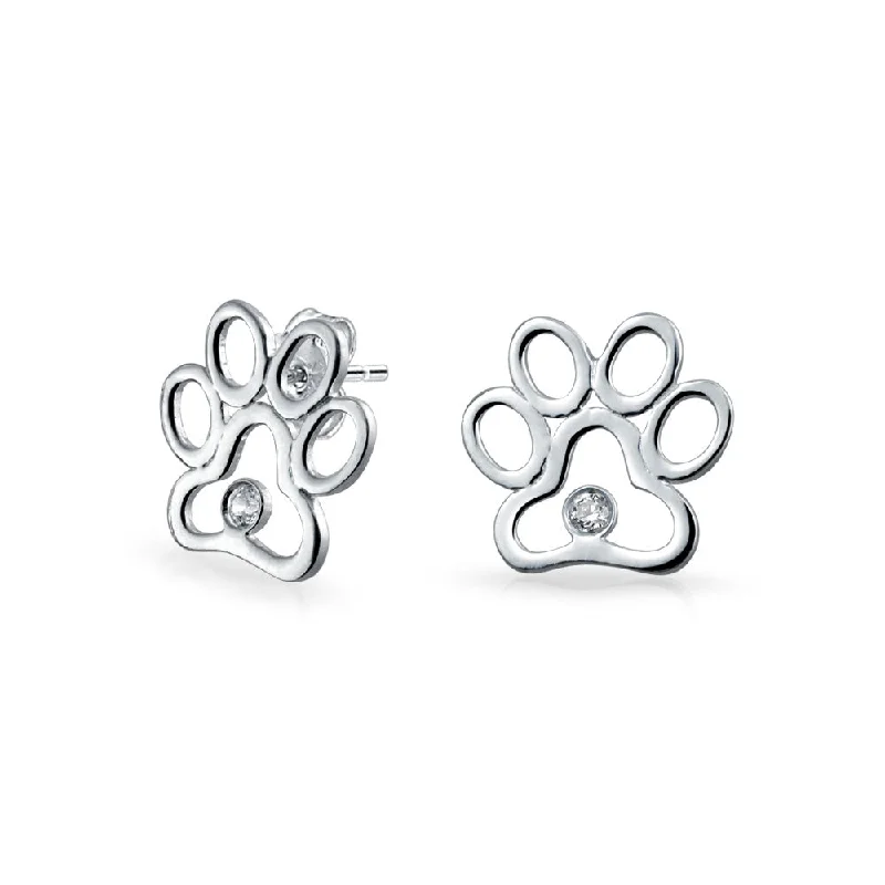 BFF CZ Stud Earrings for Pet Lovers with Cat Dog Paw Print in Sterling Silver