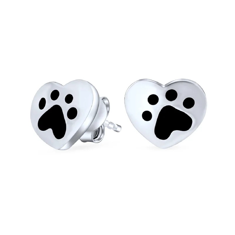 Black Enamel Heart Paw Print Stud Earrings for Pet Lovers in Sterling Silver