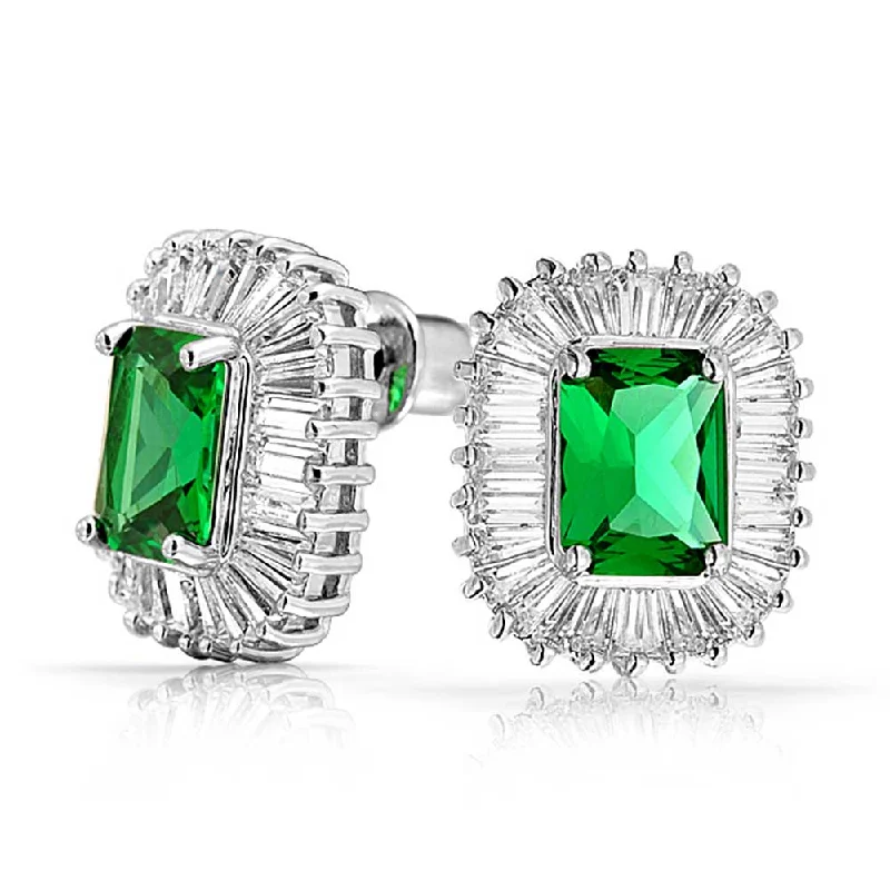 Deco Style Green Rectangle CZ Stud Earrings Simulated Emerald Cut Silver Brass