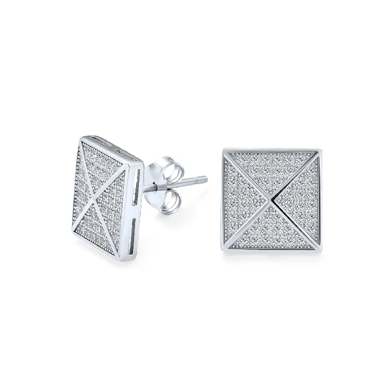 Geometric Men's Square CZ Stud Earrings, Sterling Silver, 9-11 MM Pyramid Design