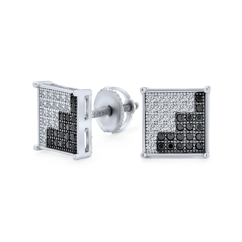 Geometric Two Tone Zig Zag CZ Stud Earrings for Men in Sterling Silver