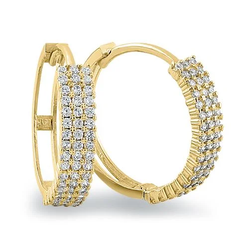 Solid 14K Yellow Gold 2mm x 16.5mm Triple Row Clear CZ Hoop Earrings