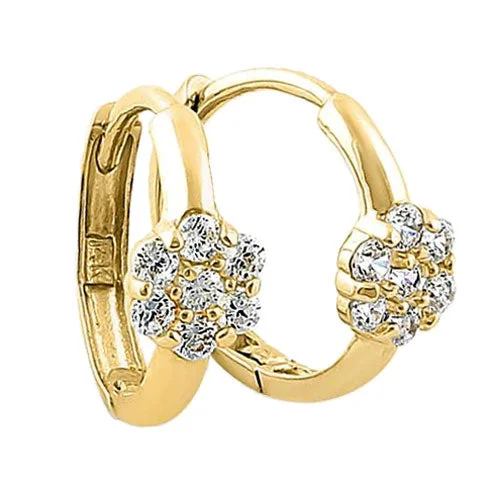 Solid 14K Yellow Gold Flower Round CZ Hoop Earrings