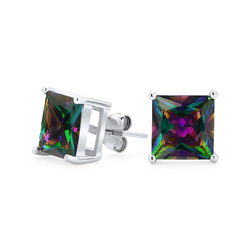 Square Black Mystic Rainbow CZ Stud Earrings Men Sterling Silver 5-9 MM