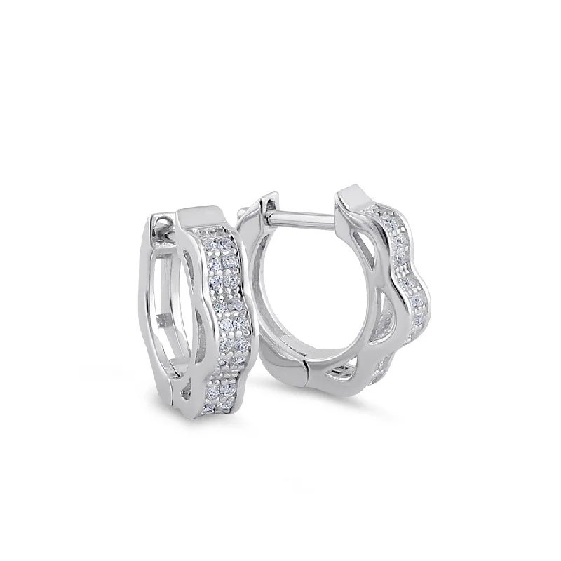 Sterling Silver 8.0mm x 3.0mm Curvy Clear CZ Hoop Earrings