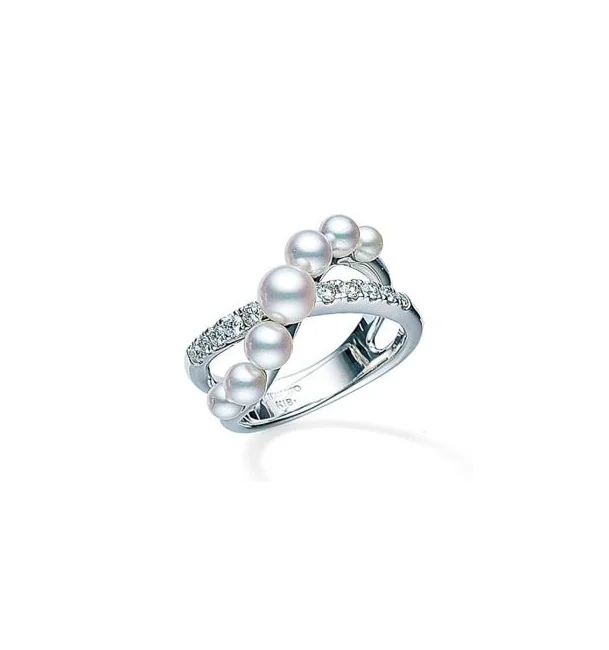 Mikimoto Cluster White Gold Pearl and Diamond Crossover Ring