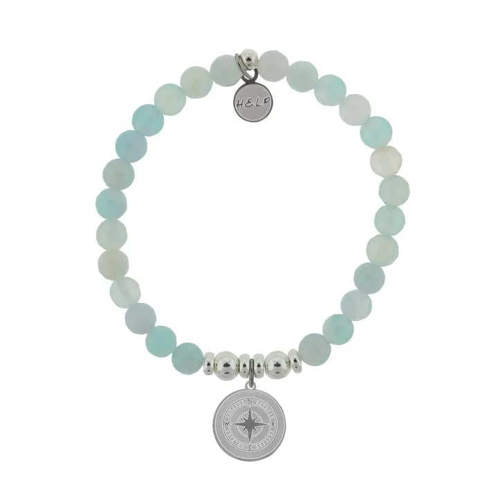 Silver Compass Light Blue Agate Stone Bracelet