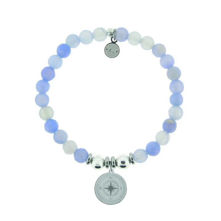 Silver Compass Sky Blue Agate Stone Bracelet