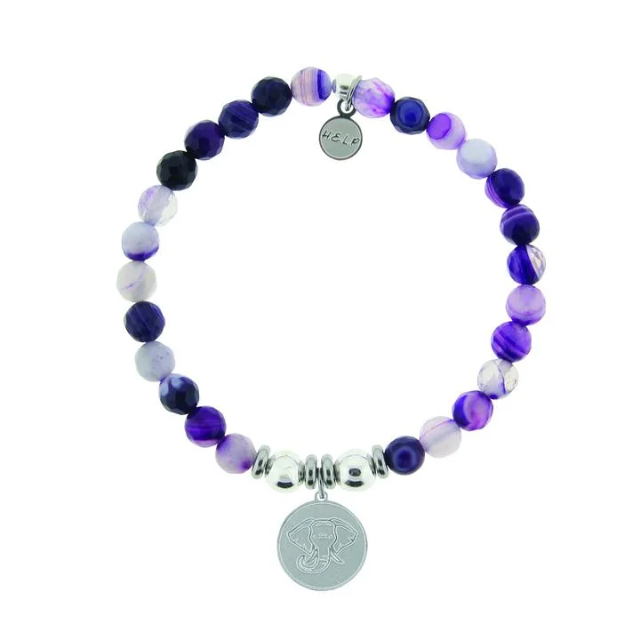 Silver Lucky Elephant Purple Stripe Agate Stone Bracelet