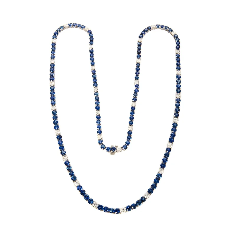 Blue Sapphire & Diamond 18K White Gold Tennis Necklace