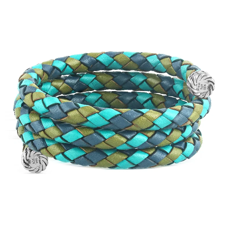 Sterling Silver Multi-Color Braided Blue, Turquoise and Green Leather Coil Wrap Bracelet, 34 Inches